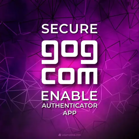 White text stands strong against a purple abstract background made up of geometric shapes that says, 'Secure GOG.com Enable Authenticator App'.