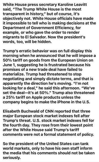An article discussing White House press secretary Karoline Leavitt's remarks on transparency, Trump's announcement of a 50% tariff on EU goods, and the impact of his statements on stock markets. The text highlights concerns about decision-making transparency and market reactions…
