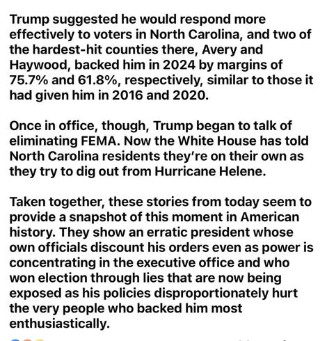 Text discussing Donald Trump's responses to voters in North Carolina, the impact of Hurricane Helene, and criticisms of his policies related to FEMA and executive power.