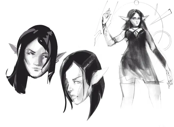 black and white rough sketches of an elf witch