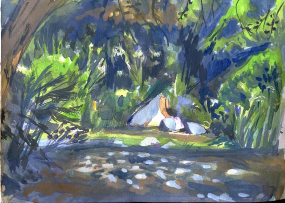 watercolor painting of foliage and dappled light near a river.
