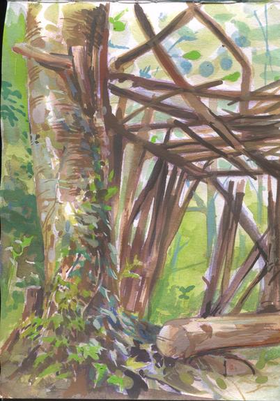 watercolor painting of a makeshift wooden hut in the woods