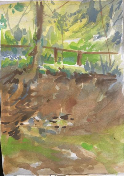 watercolor painting of a forest path, detail of the mossy sides .