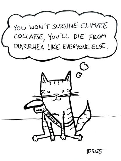 a striped cat wearing a piece of shoulder armor sits and thinks "you won't survive climate collapse, you'll die from diarrhea like everyone else."