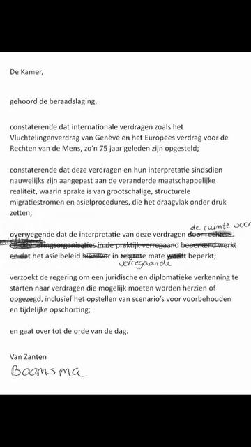 Tekst van de Tweede Kamer-motie van BoerBurgerBeweging en Nieuw Sociaal Contract om te onderzoeken of de internationale verdragen opgezegd kunnen worden.