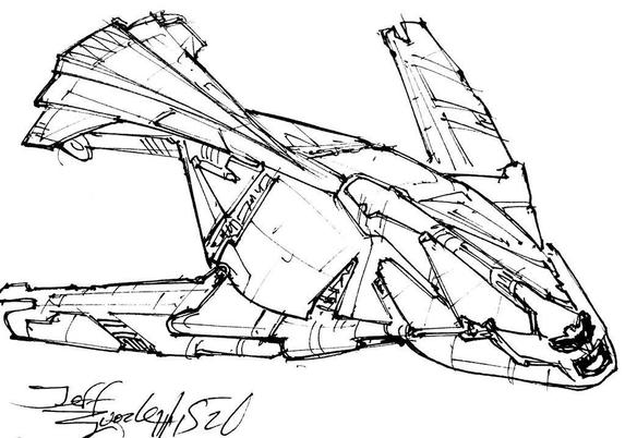 Black and white line art sketch of an imaginative sci fi spaceship. Each one is very different. This one is really nice!