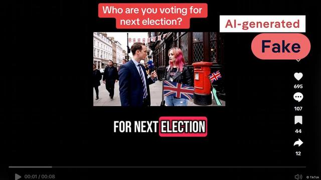 A TikTok screenshot showing a male reporter standing in front of a red British post box with UK flags in the background. He holds a microphone and appears to interview a woman about the upcoming election.