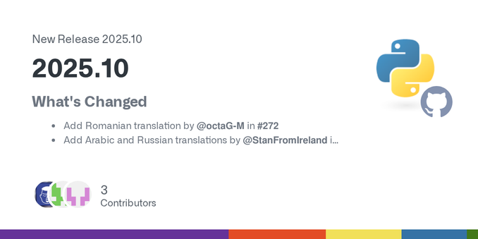 What's Changed
Add Romanian translation by @octaG-M in #272
Add Arabic and Russian translations by @StanFromIreland in #274
Add French translation by @JulienPalard in #275
Update authors in pyproj... What's Changed
Add Romanian translation by @octaG-M in #272
Add Arabic and Russian translations by @StanFromIreland in #274
Add French translation by @JulienPalard in #275
Update authors in pyproj...