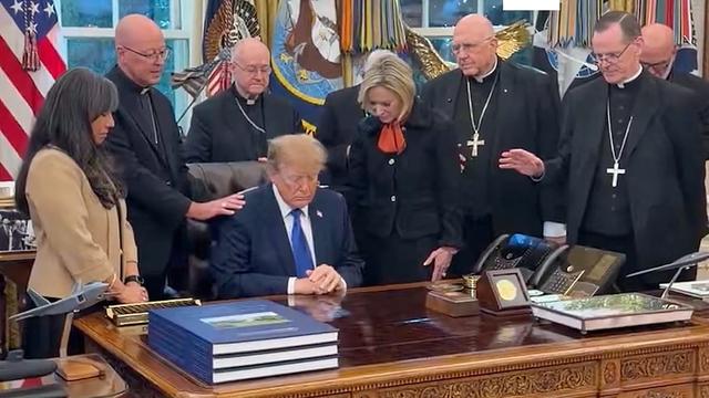 Catholic bishops and archbishops gathered around US President Donald Trump in the Oval Office to pray for him and the country.