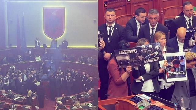 Opposition MPs disrupted a parliamentary session in Albania by brandishing smoke flares and displaying photographs of injured protesters. They accused police of using violence against demonstrators demanding Prime Minister Edi Rama's resignation. 