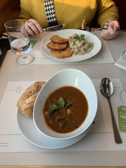 Photo of the goulas soup with a bread roll and the calf stew with potato pancakes