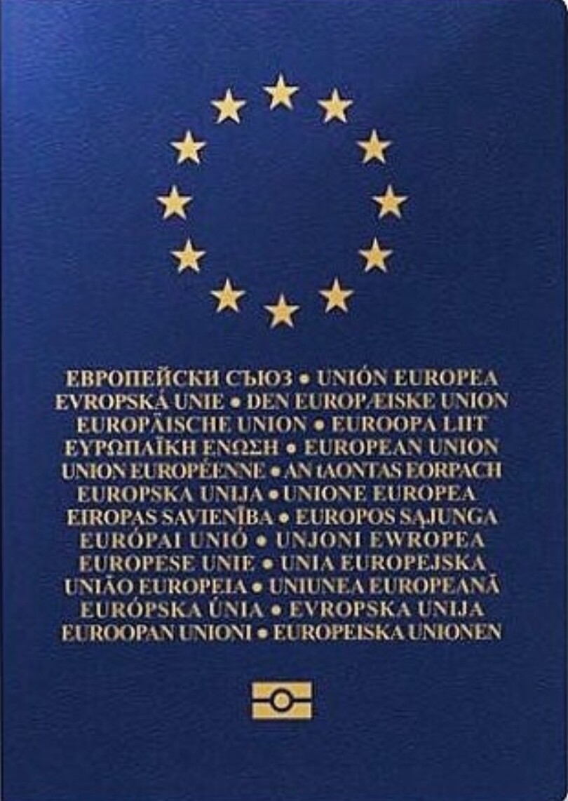 Blue EU passport with the EU flag on the cover.