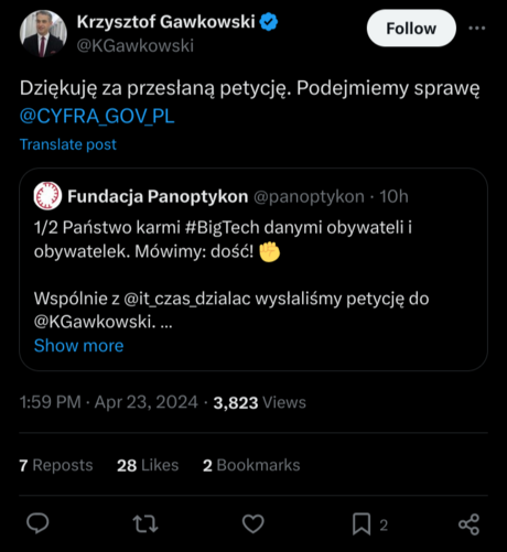 Skrin z X Krzysztofa Gawkowskiego:
Dziękuję za przesłaną petycję. Podejmiemy sprawę