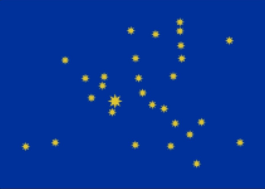 Diseño de la bandera europea de Salvador de Madariaga, el mismo fondo azul q7e conocemos pero con estrellas amarillas esparcidas como mapa de los capitales europeas de la época. 