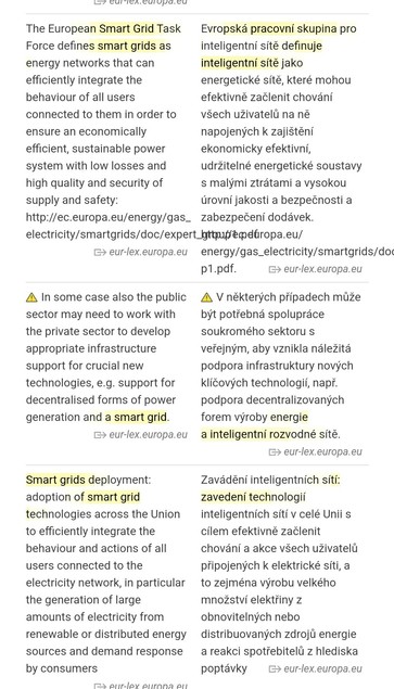 Capturas de pantalla de la traducción de términos como smart-metering y smart grid en los documentos de la UE en checo, esloveno, letón.