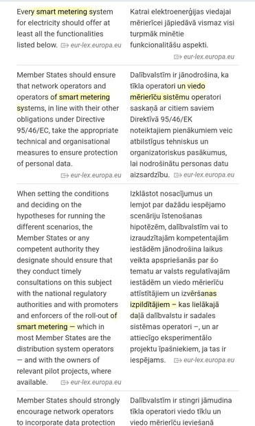 Capturas de pantalla de la traducción de términos como smart-metering y smart grid en los documentos de la UE en checo, esloveno, letón.