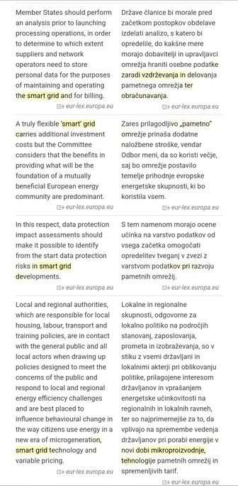 Capturas de pantalla de la traducción de términos como smart-metering y smart grid en los documentos de la UE en checo, esloveno, letón.