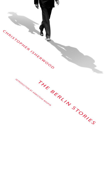 The cover of Christopher Isherwood's *Berlin Stories*.

It's a very simple design, and most of the cover is a solid white block. In the top, There's a greyscale photo of a man walking forward. He's cut off at the waist, so you can only see the bottom of his arms and his legs - not his body or head.

He casts a shadow both in front and behind him 