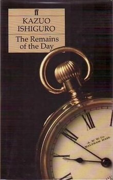 The front cover of the book "The Remains of the Day". On a monochrome black background the title and author are written in the upper left corner. The only other image on the page is a large wind-up pocket watch, which occupies the lower right of the image.

The watch looks heavy and expensive, like something which might have been used by an English butler in the 1920s