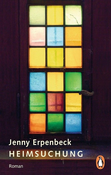 The cover of the book Heimsuchung by Jenny Erpenbeck

In the middle of a dark background is an arresting array of coloured squares, a stained glass window in many different colours. The squares look out on an indistinct scene outside. 