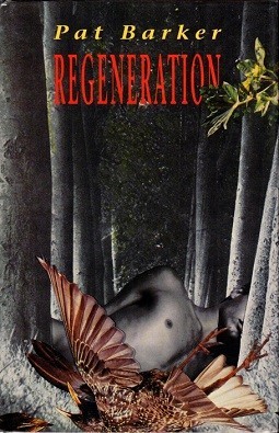The cover of Pat Barker's book Regeneration.

A black and white photo of an alley of tree trunks fills the entire background. On this, objects and symbols are placed haphazardly - the baked torso of a man, a sprig of green and a bird's wing.

The effect is highly disturbing