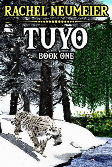The cover of Rachel Neumeier's book Tuyo.

The cover image is a painting of a landscape, with a snow leopard in the foreground. The landscape is split in two, with snow, winter and pines on the left (as well as the snow leopard), and green leafy trees on the right, with the two sides being separated by a river