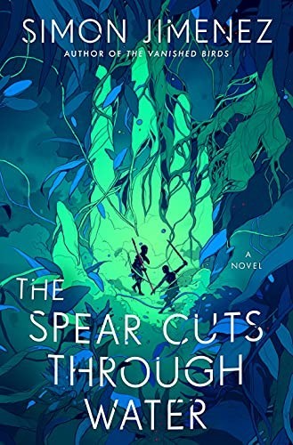 The cover of Simon Jimenez's book The Spear Cuts Through Water

The cover image is a gorgeous drawing, shaded in blocks of solid colour.

In the centre of the page an enormous green hand is drawn. In the palm of the hand is the silhouette of two figures, one wielding a sword and the other a spear, who are either fighting or dancing a ritual dance. Surrounding the hand, and partly overlapping it, are roots, vines and leaves which twine across the page.