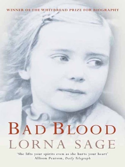 The cover of Lorna Sage's book Bad Blood.

The cover image shows an overexposed black and white photograph of the head of a young girl. She's facing the reader, but her eyes are looking off to the right, and she has a pensive expression on her face.