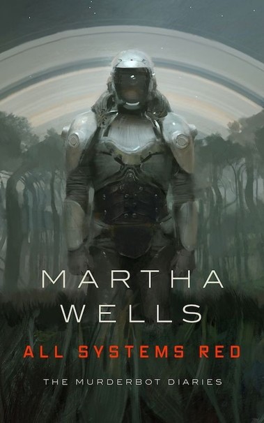The cover of All Systems Red, the first book in The Murderbot Diaries series

The colour palette is in shades of grey, with just a few hints of red

It shows a single humanoid figure in the foreground, wearing body armour and a helmet with an opaque visor; none of its face is visible. Behind the figure is a grey-toned landscape, above which rises a night sky, filled with what seem to be planetary rings