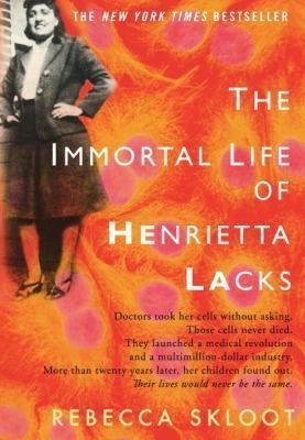 The front cover of Rebecca Skloot's book The Immortal Life of Henrietta Lacks.

On the top left corner of the page is a black and white picture of a woman looking very dapper. She's got her hands on her hips and a smile on her face, and is wearing a very snazzy coat.

The rest of the page is a red-orange-pink drawing of blobs and circles, symbolising the cell line that the woman gave birth to