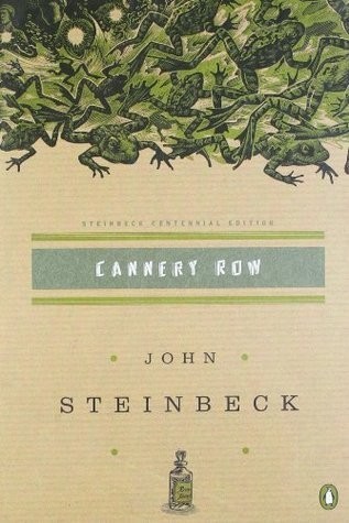 The front cover of John Steinbeck's novel Cannery row.

The title is written across the centre of the page, with the author below it.

On the top third of the page is a drawing of very many green frogs jumping about in a frenzy