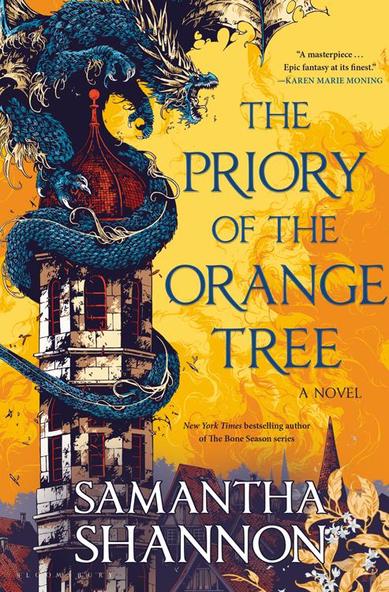 The front cover of Samantha Shannon''s The Priory of the Orange tree.

In the foreground, to the left, a fierce snake-like dragon is curled about a battered tower. Behind it are the roofs and spires of a city, and most of the page is taken up by an orange and yellow sky