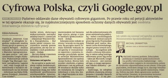 Zdjęcie artykułu Cyfrowa Polska, czyli Google.gov.pl
Państwo oddawało dane obywateli cyfrowym gigantom. Po prawie roku od petycji aktywistów w tej sprawie okazuje się, że najskuteczniejszym sposobem ochrony danych obywateli jest interwencja ministra cyfryzacji