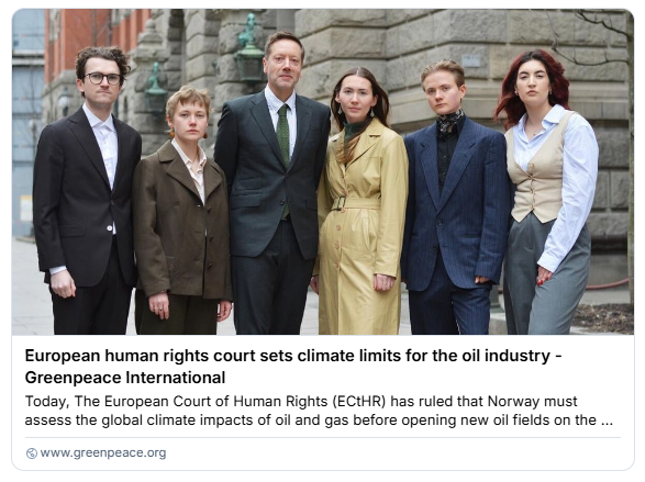 A photograph of six climate activists over a caption that reads:
European human rights court sets climate limits for the oil industry - Greenpeace International