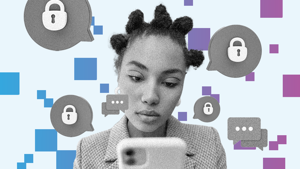 A young person looking at their phone as bubbled with locks and multicoloured squares float around them