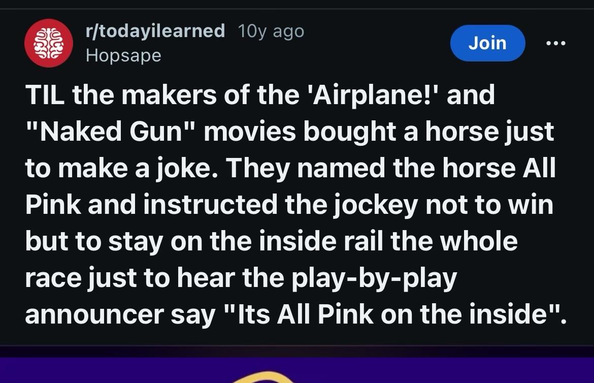 Text from a social media post discussing a humorous anecdote about the creators of the "Airplane!" and "Naked Gun" movies buying a horse named All Pink for a joke.