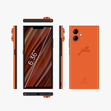 Photo of orange Jolla phone from all angles