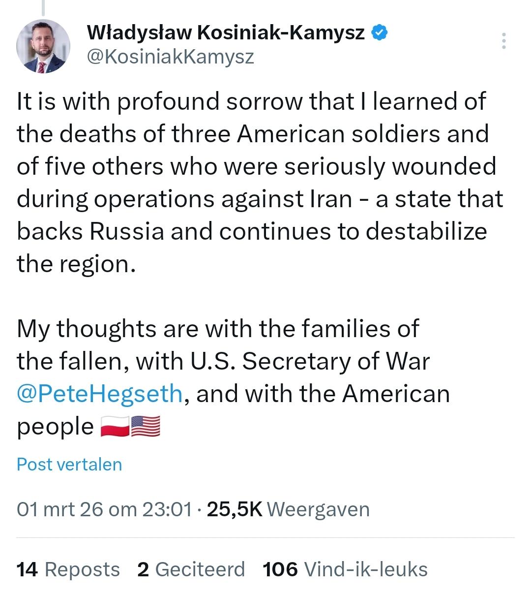 Władysław Kosiniak-Kamysz: It is with profound sorrow that I learned of the deaths of three American soldiers and of five others who were seriously wounded during operations against Iran - a state that backs Russia and continues to destabilize the region.
My thoughts are with the families of the fallen, with U.S. Secretary of War @PeteHegseth, and with the American people 🇵🇱🇺🇸
