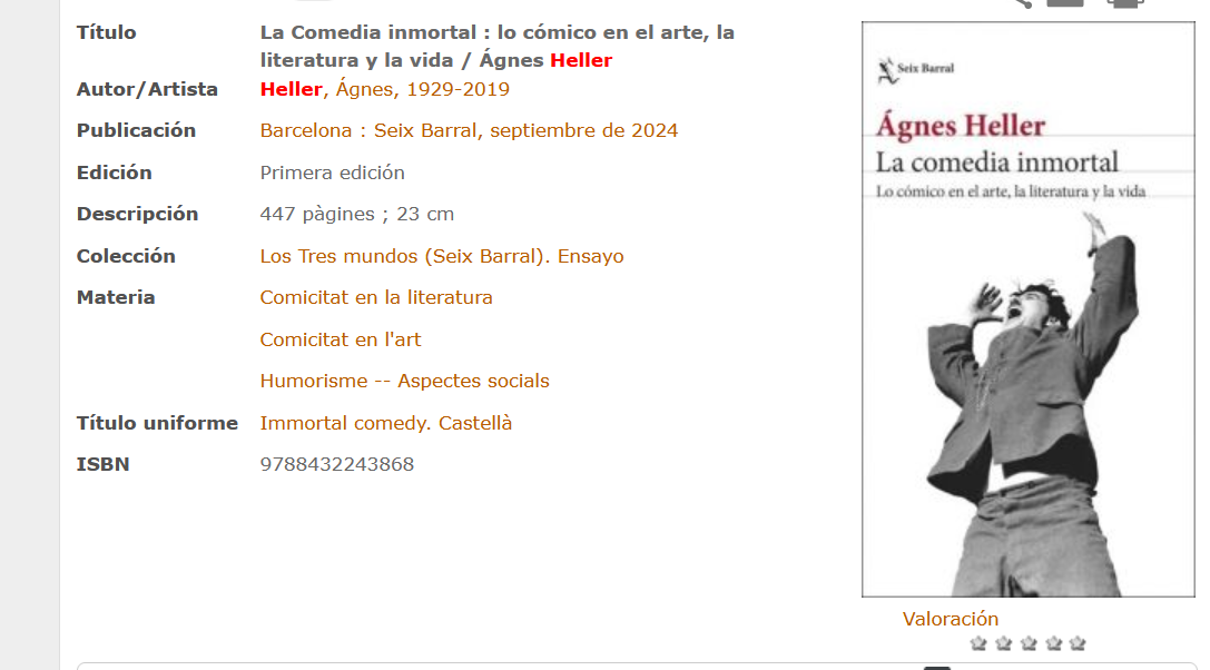Screencap of my local library's catalogue entry for her book The Immortal Comedy: The Comic Phenomenon in Art, Literature, and Life, translated and published in Spanish in 2024.