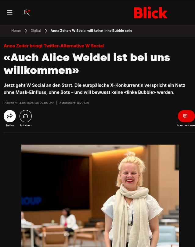 Screenshot of Blick headline with quote from W Social founder: "Alice Weidel is also welcome on our platform." (Weidel is a leading far-right politician from Germany's AfD party.)