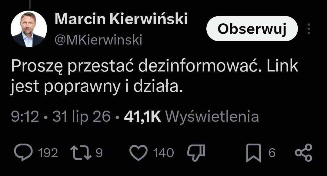 Marcin Kierwiński: Proszę przestać dezinformować. Link jest poprawny i działa.