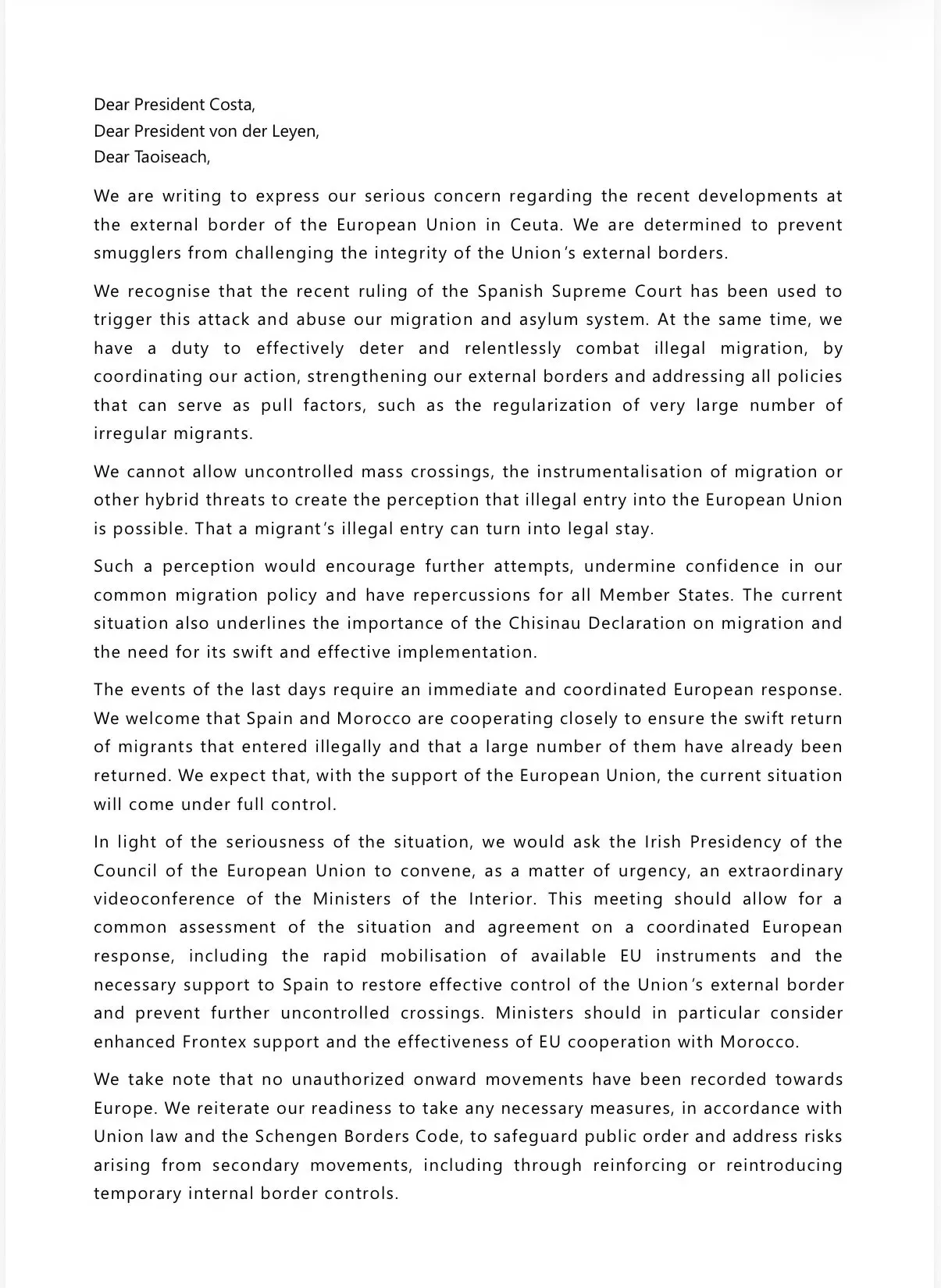 Letter of 22 EU leaders to EUCO President Costa, EU COM President Von der Leyen and Irish EU Council Presidency. (source of these two images: Netherlands PM on Bluesky)