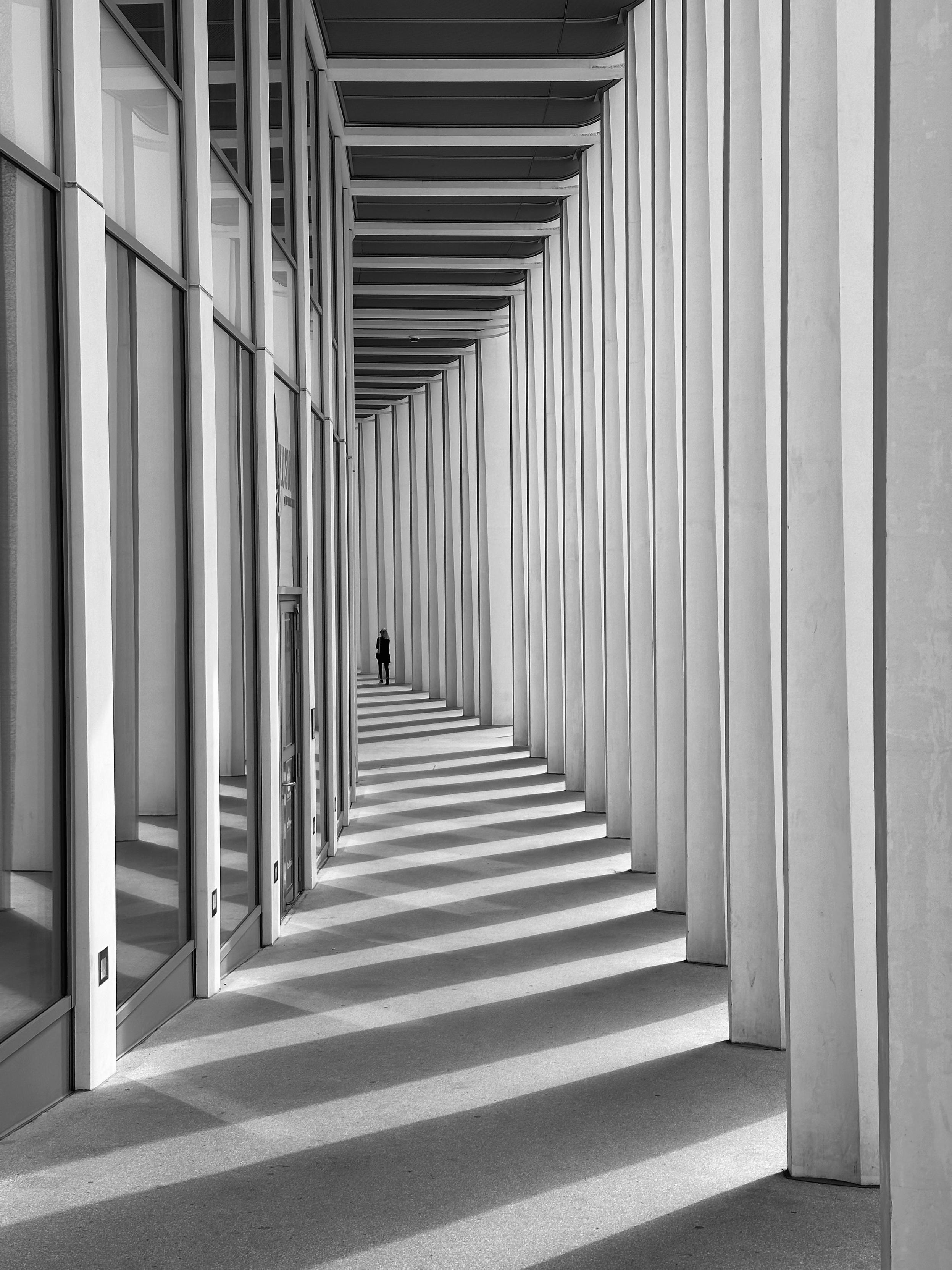 A black and white photo of a curved passageway with concretr columns on the right and a reflecting surface on the left, creating a stark view of shadowy and bright lines; a dark figure is visible in the distance